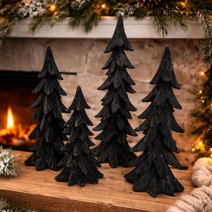 Black Wooden Christmas Trees | Gothic Minimalist Winter Mantel Decor