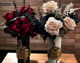 Gothic Black Rose Arrangement: Skull Decor, Gold Snake Vase