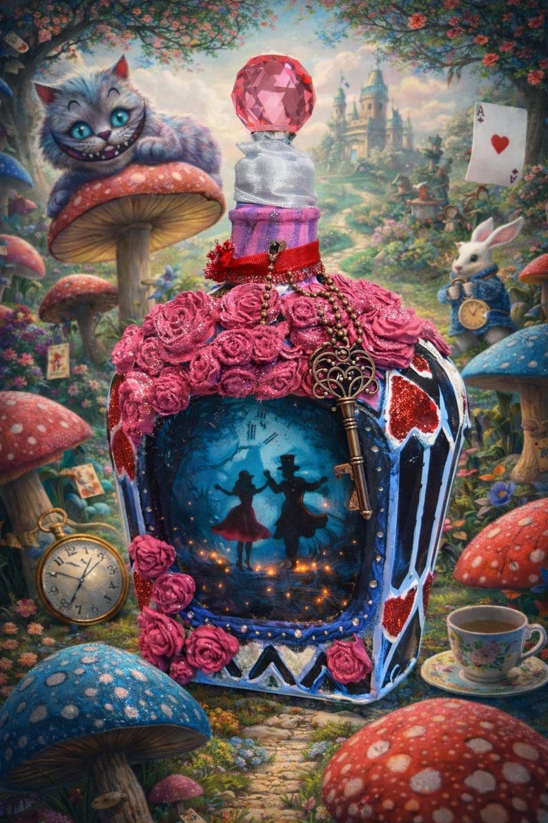 May include: A whimsical, decorative bottle with a pink crystal stopper, adorned with pink roses and a key pendant. The bottle features an Alice in Wonderland scene with dancing figures. The background includes mushrooms, a Cheshire Cat, and a white rabbit.