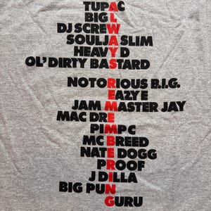 May include: A gray t-shirt with a black and red graphic print of the names of various hip hop artists, including Tupac, Big L, DJ Screw, Soulja Slim, Heavy D, Ol' Dirty Bastard, Notorious B.I.G., Eazy-E, Jam Master Jay, Mac Dre, Pimp C, MC Breed, Nate Dogg, Proof, J Dilla, Big Pun, and Guru.