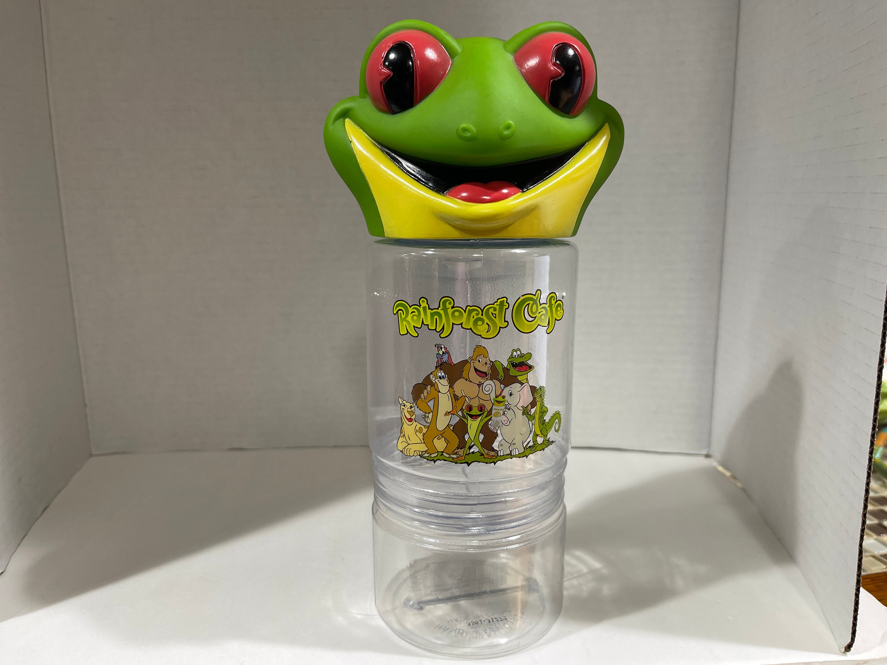 VINTAGE Rainforest Cafe Frog Cup & Snack Cup Holder & Frog Toy NO STRAW