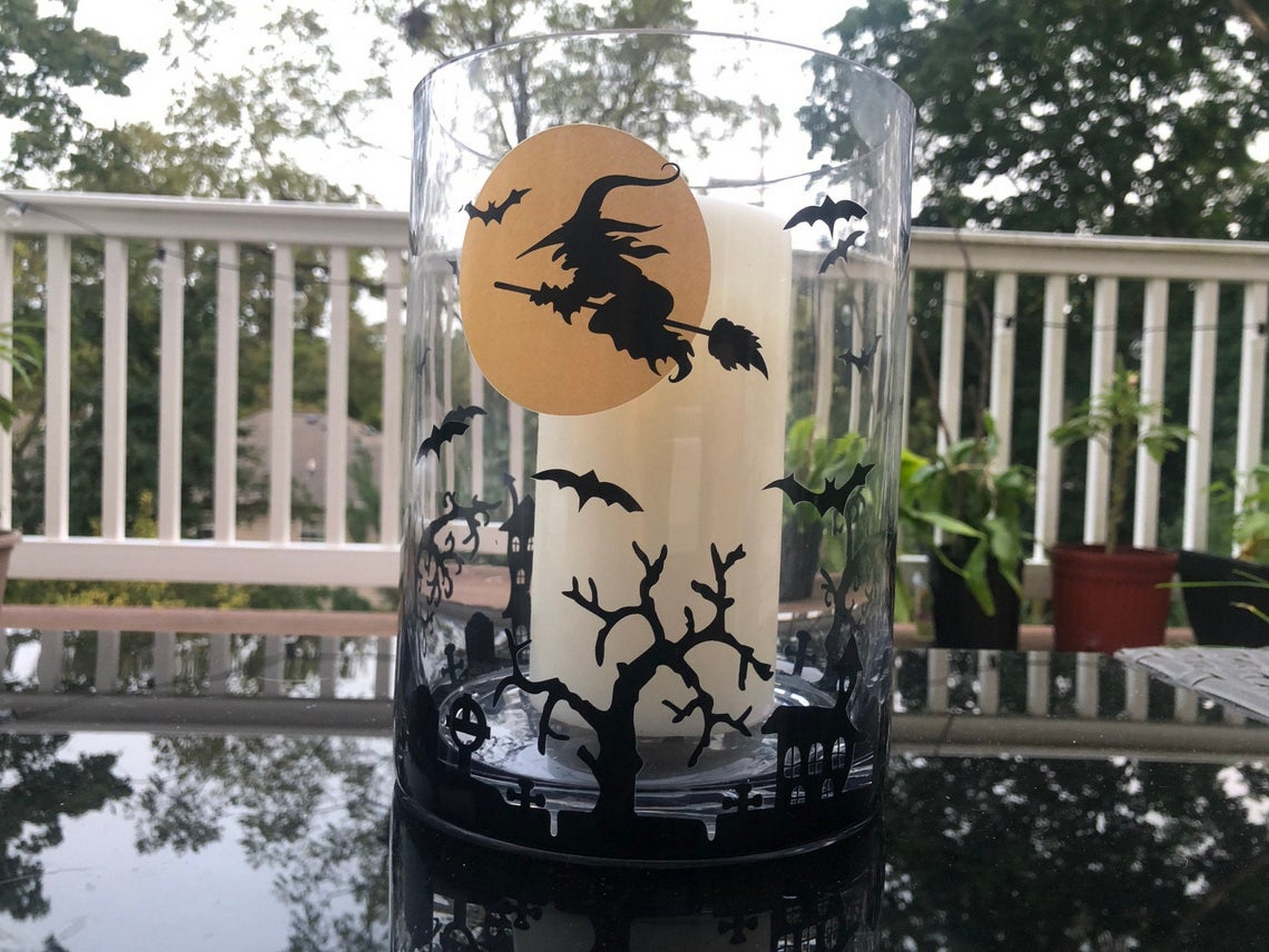 Glass Printed Halloween Witch and Bat Candle Holder Handmade Etsy