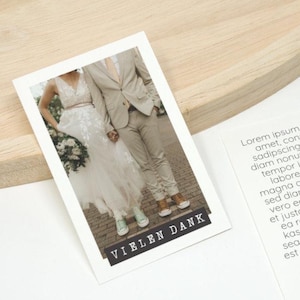 100 kleine Hochzeit Dankeskarte 05 | Personalisierte Danke Karte mit Foto | Polaroid Stil | 85 mm x 55 mm