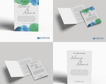 Personalized PDF DIY wedding invitation folding card A6 | Watercolor Wedding Invitation | Watercolor blue green | Minimalist black and white