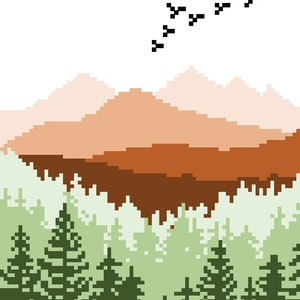 May include: A pixel art illustration of a forest with a mountain range in the background. The mountains are a gradient of orange and brown, and the forest is a gradient of green. There are black birds flying in the sky above the mountains.