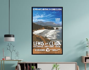 Poster of Lewis and Clark at Cannon Beach in Oregon. National Historic Trail. Great classroom teaching aid. U.S. History. For home, office