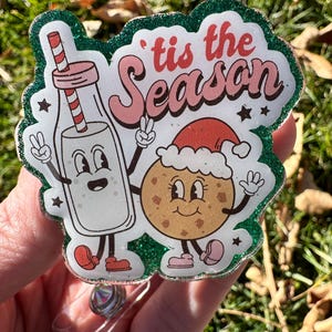 Christmas milk and cookies Interchangeable Badge Reel, Retro Christmas Retractable ID Clip, Holiday Keycard Holder, Nurse Badge, teacher tag
