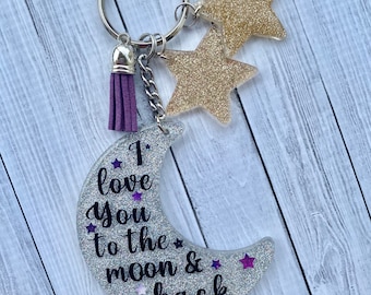 I Love You to the Moon and Back Keychain, Mom and Kids Keychain, Personalized Keychain, Moon and Stars Keyring, Mama Bear Keychain
