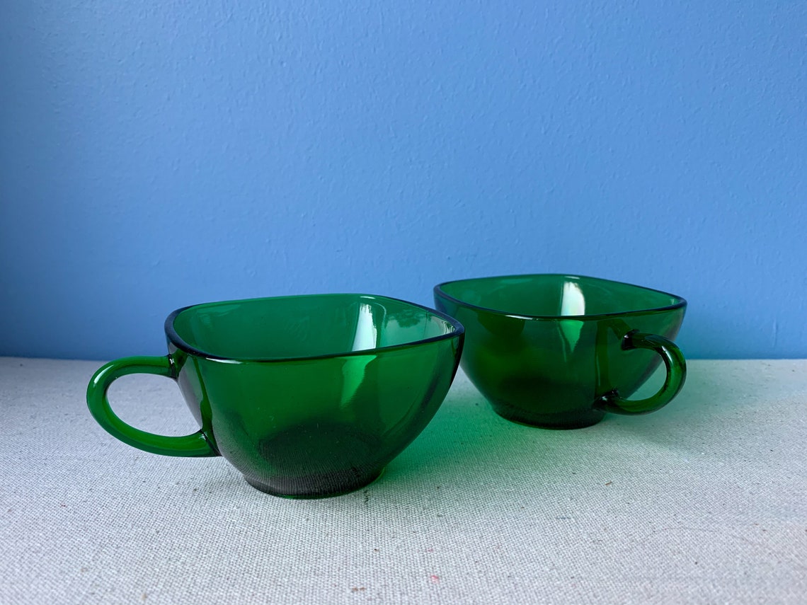 2 Anchor Hocking Charm Forest Green Square Tea Cups Set of 2 Vintage