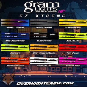 May include: A graphic showing 10 different colour combinations for 18 inch 57 Xtreme gram lights wheels. The colours include Burnt Titanium, Black Chrome, Canary/Black, Mag Blue/White, Black/White, Acid/Black, Avocado, Deep Yellow/Black, Red/Black, Sunset Orange, White/Black, and Sunset Pink.