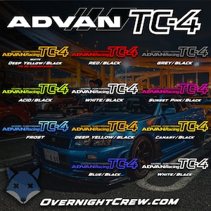 May include: A collage of ten different colored ADVAN Racing TC-4 wheels with various color combinations, including matte deep yellow, red, grey, acid, white, sunset pink, frost, canary, blue, and white. The text "CASTING FLOW FORMING" and "ADVAN Racing" are visible on each wheel.