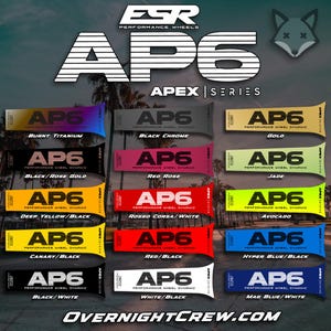 May include: A promotional image for ESR Performance Wheels, showcasing AP6 Apex Series wheels in various colors. The image features multiple color swatches, including Burnt Titanium, Black Chrome, Gold, Black/Rose Gold, Red Rose, Jade, Deep Yellow/Black, Rosso Corsa/White, Avocado, Canary/Black, Red/Black, Hyper Blue/Black, Black/White, White/Black, and Mag Blue/White.