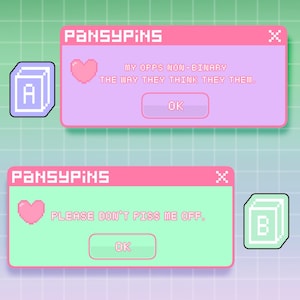 Könnte beinhalten: Zwei rechteckige Emaille-Anstecknadeln im Design von Computer-Pop-up-Fenstern. Die obere Anstecknadel ist lavendelfarben mit dem rosa Schriftzug PANSYPINS, einem rosa Herz und dem Text MY OPPS NON-BINARY THE WAY THEY THINK THEY THEM. Die untere ist mintgrün.