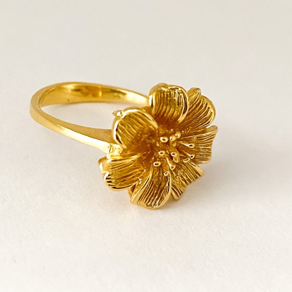 Flower 925 & 24k vintage ring gold plated silver … - image 3