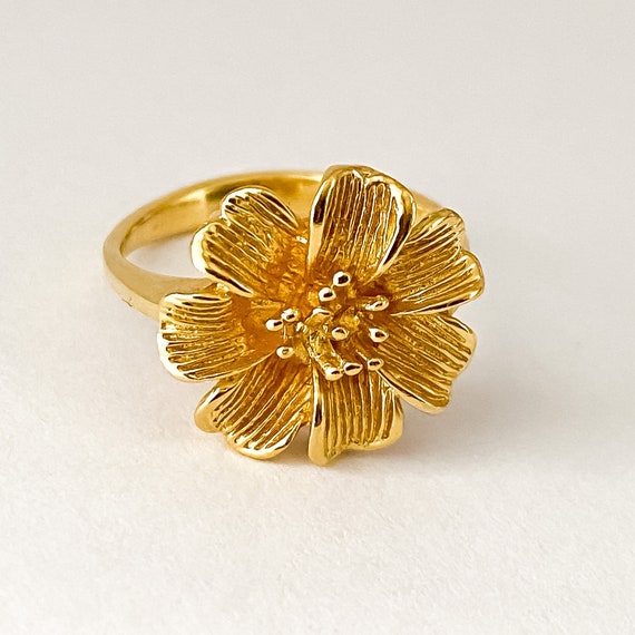 Flower 925 & 24k vintage ring gold plated silver … - image 1