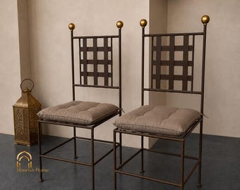 Mocha Brown Metal Dining Chairs, Handmade Wrought Iron Chairs, Modern Patio Chairs with Cream Cushions, Outdoor Seating Set