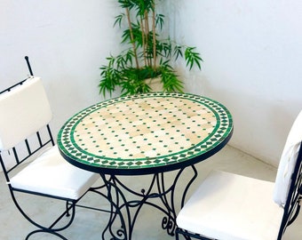 CUSTOM TILE TABLE, Moroccan Zellige Table, Handmade Beige and Green Table, Moorish Round Table, Patio Supply, Mosaic Custom Made Design