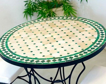 AANGEPASTE TEGELTAFEL, Marokkaanse Zellige tafel, handgemaakte beige en groene tafel, Moorse ronde tafel, terrasaanbod, mozaïek op maat gemaakt ontwerp