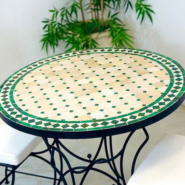 AANGEPASTE TEGELTAFEL, Marokkaanse Zellige tafel, handgemaakte beige en groene tafel, Moorse ronde tafel, terrasaanbod, mozaïek op maat gemaakt ontwerp