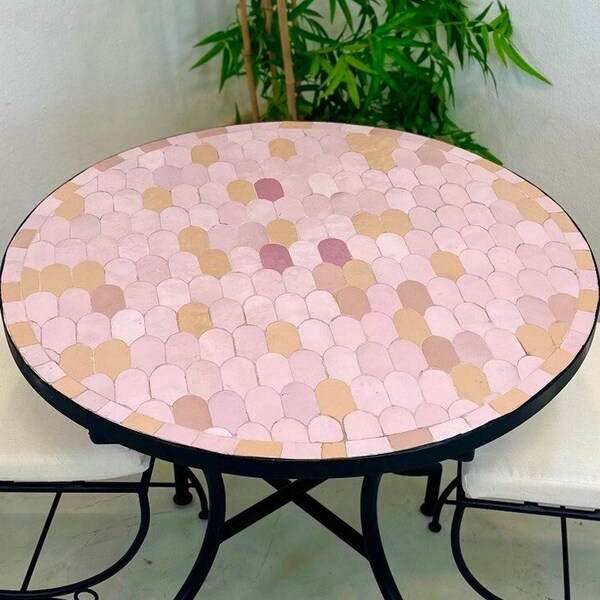 ARTISTIC MOSAIC TABLE, Custom Moroccan Handmade Zellige Table, Light Pink, Tile Table, Luxurious Patio Furniture, Round Table, Home Decor
