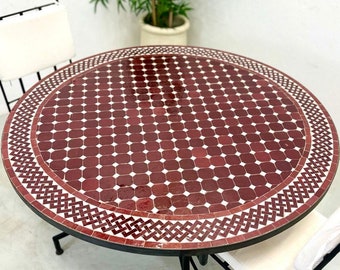 AANGEPASTE TEGELTAFEL, handgemaakte bordeauxrode tafel, Marokkaanse Zellige tafel, Moorse ronde tafel, terrasaanbod, mozaïek op maat gemaakt ontwerp