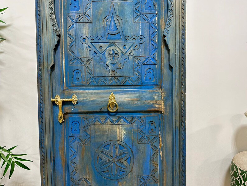 Vintage Moroccan Door, Carved Wooden Door, Blue Watercolor Wood Door