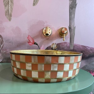 AMAZING BRASS SINK ,checkered Peach Resin and Bone design Sink , Morocco bathroom sink ,Luxury Sink, Golden Sink, Moorish Sink,