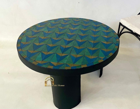 CUSTOM TILE TABLE, Unique Handmad Table, Moroccan Zellige Table, Luxurious Patio Fourniture, Tile Green and Blue Table,  Mosaic Dining Table