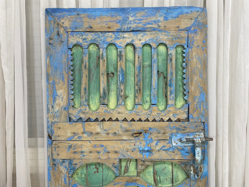 Vintage Moroccan Door, Carved Wooden Door, Green Blue Wood Door