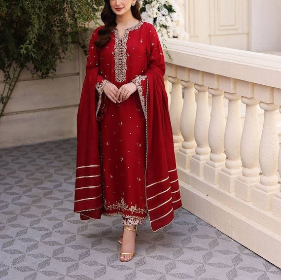 Red Wedding Salwar Suit, Pakistani Nikah Dress,hand Embroidered Silk Suit,kurti  Palazzo Set, Sequin Beads Embellished Salwar Kameez - Etsy