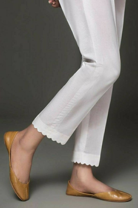 White Straight Fit Cotton Pants with Embroidery at bottom