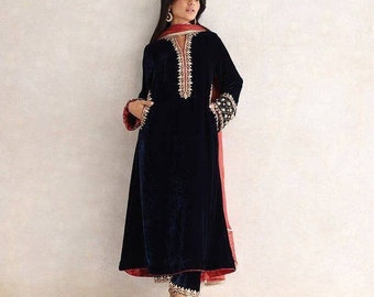 Deep blue long  Velvet Kurti Pant Suit: Indian Salwar Kameez