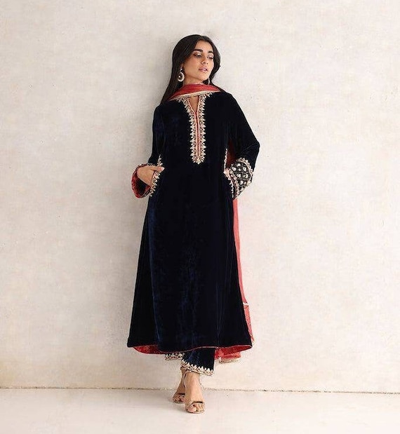 Velvet Straight Cut Long Kurti Pant Suit,hand Embroidered Velvet Dress,plus  Size Indian Velvet Suit,salwar Kameez,kurti Pant Suit Set 