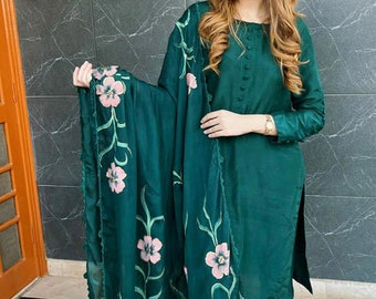 Green Silk Salwar Kameez: Hand-Painted Floral Dupatta Party Dress