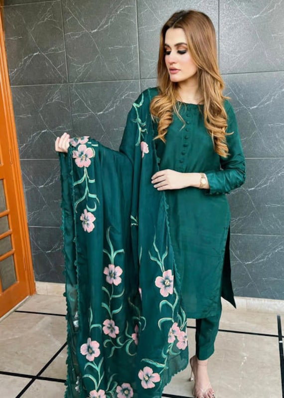Buy Deep Green Silk Kurti and Chiffon Sharara set with Embroidery