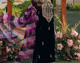 Handmade Black Velvet Salwar Kameez Suit: Gold beads and sequin Embroidered Tunic Pant Set