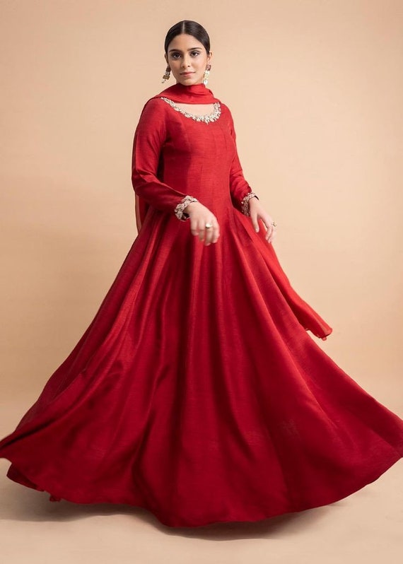 raw silk anarkali dress Hand Embroidered Raw Silk Anarkali Gown: Maroon Indian Wedding Dress