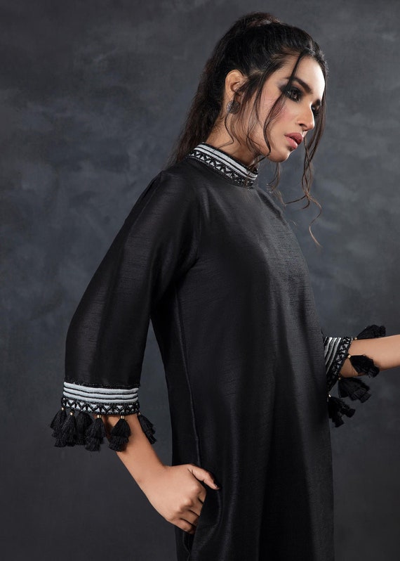 black raw silk dress Embroidered Black Raw Silk Kaftan Dress: evening Formal Gown