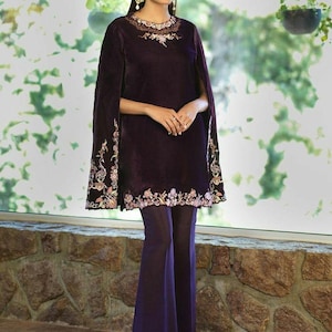 Embroidered Velvet Blazer Suit: Silk Bell Bottom Pants, Bride mother outfit