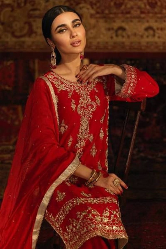 Modernistic Embroidered Red Chinon Pant Style Suit -