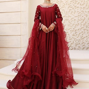 Festival Special Partywear Long Maroon Silk Anarkali Gown with Dupatta set for women, Readymade 2 pc Set, Maroon Wedding Gown, Gift for Her