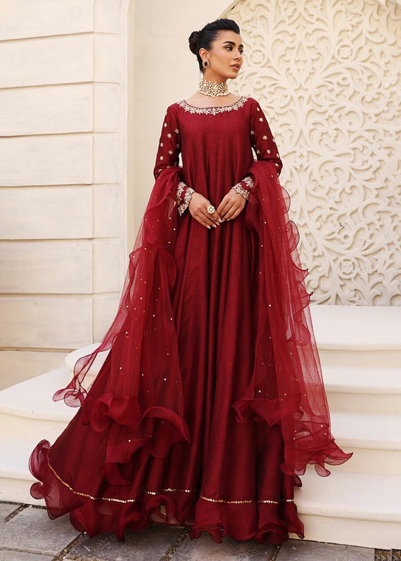 Maroon Heavy Viscose Velvet Sequence Embroidery Work Gown With Dupatta -  PinkSaree