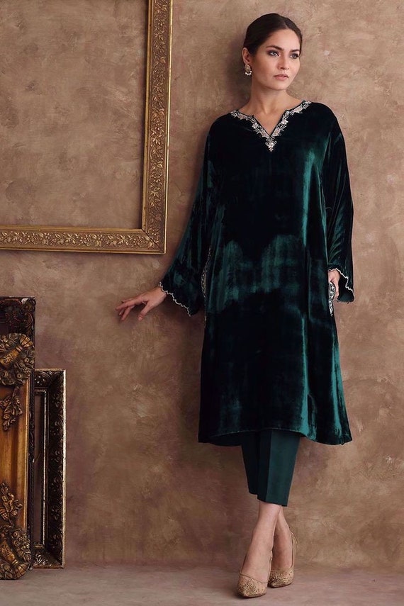 navy blue dress for baby girl MARIA B GREEN EMBROIDERED VELVET DRESS| UNSTITCHED WINTER HIT CODE BY –  Shaebiz Collection main image 0