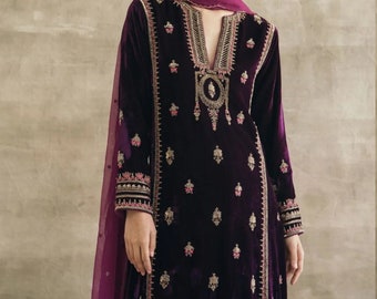 Embroidered Velvet Palazzo Suit: Pakistani Salwar Kameez Dupatta Set