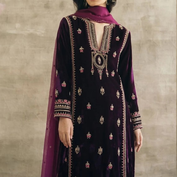 Pakistani Velvet Palazzo Suit Dupatta Set Hand Embroidered Velvet