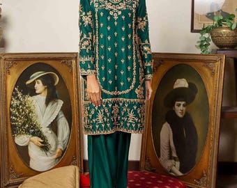 Green Raw Silk Salwar Kameez: Hand Embroidered Zardozi Palazzo kurti dress