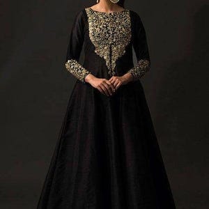 Raw silk black long anarkali gown,gold beaded embroidery, hand embroidered anarkali, black silk long dress,Indian formal anarkali suit