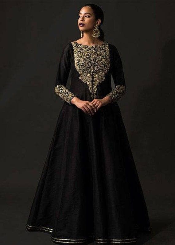 slim fit dress slacks Black and Gold Sequin Anarkali Gown  WaliaJones