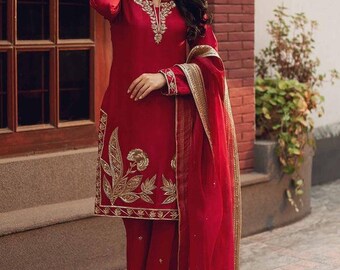 Hand Embroidered Red Silk Kurta Palazzo Pant Suit: Zari and sequin Embellished kurta set