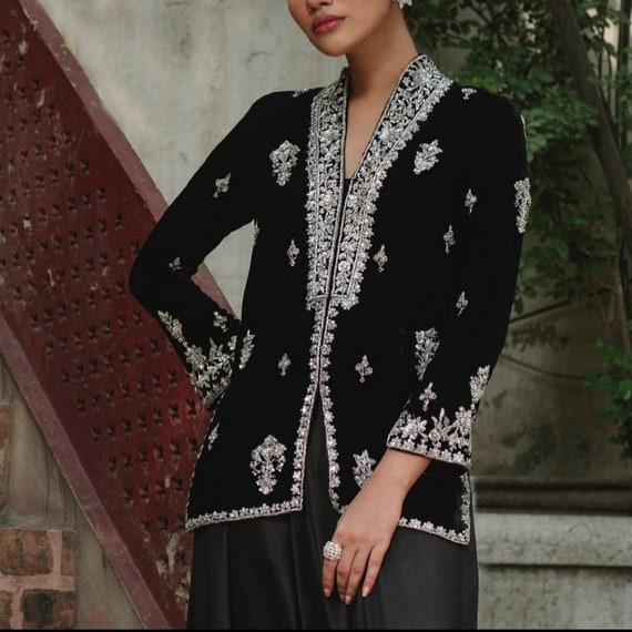 Black Vintage Velvet Jacket, Embellished Wedding Blazer for Women